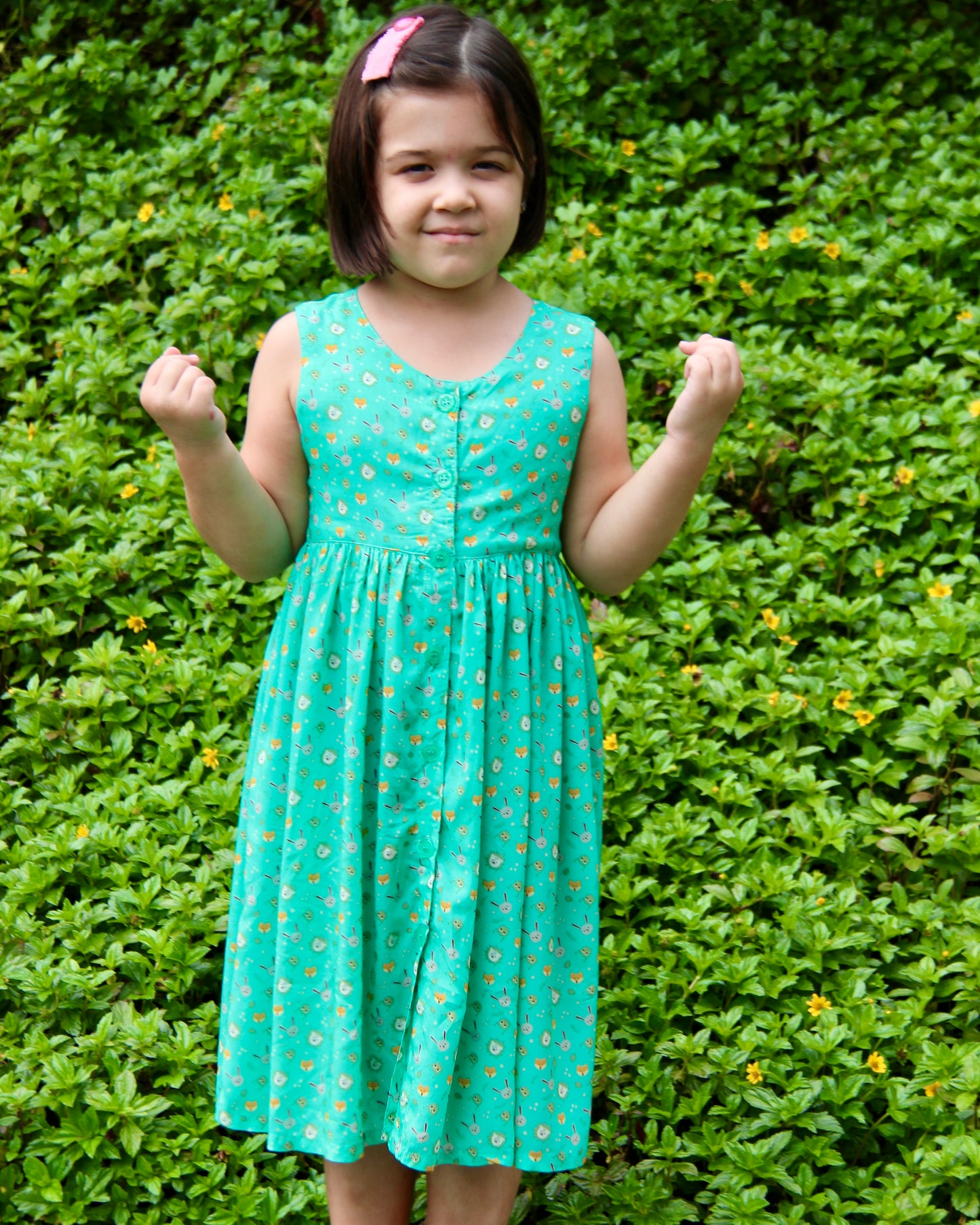Sophie Dress - Animals On Green (Cotton)